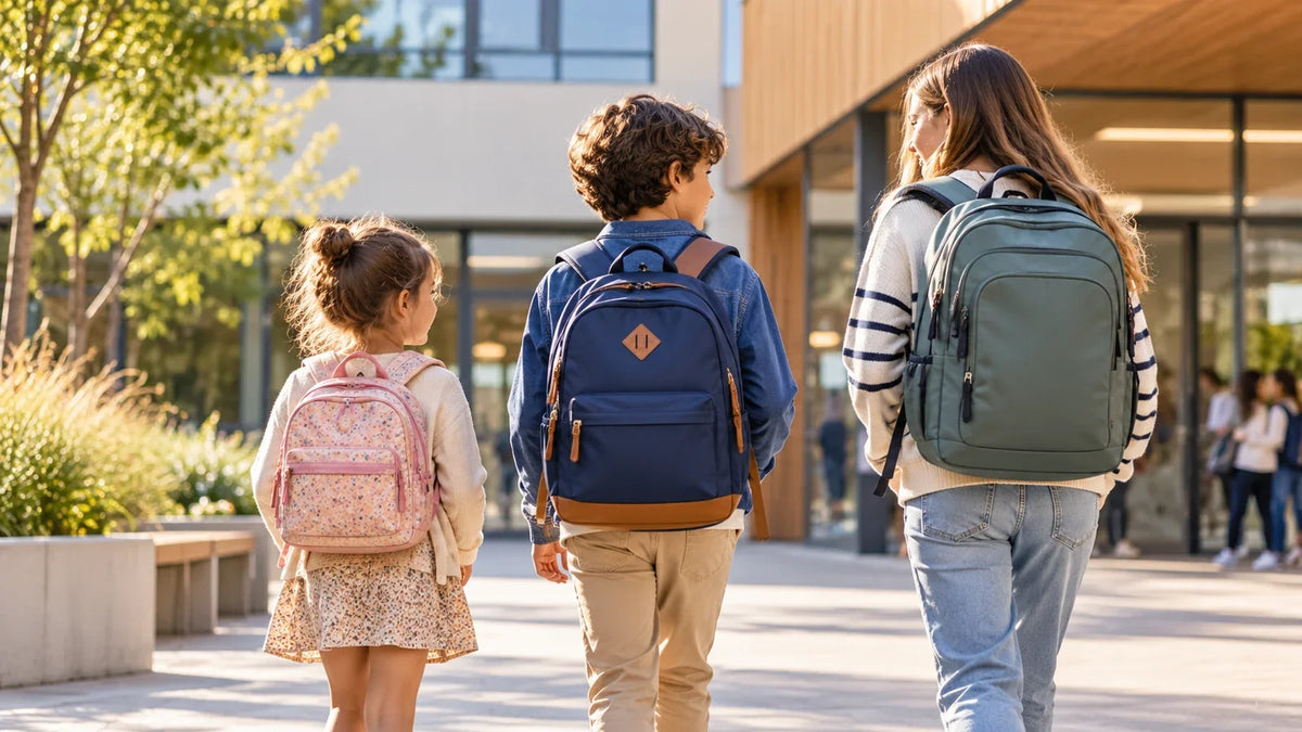 Trois enfants d’âges différents portant des sacs à dos scolaires de tailles adaptées
