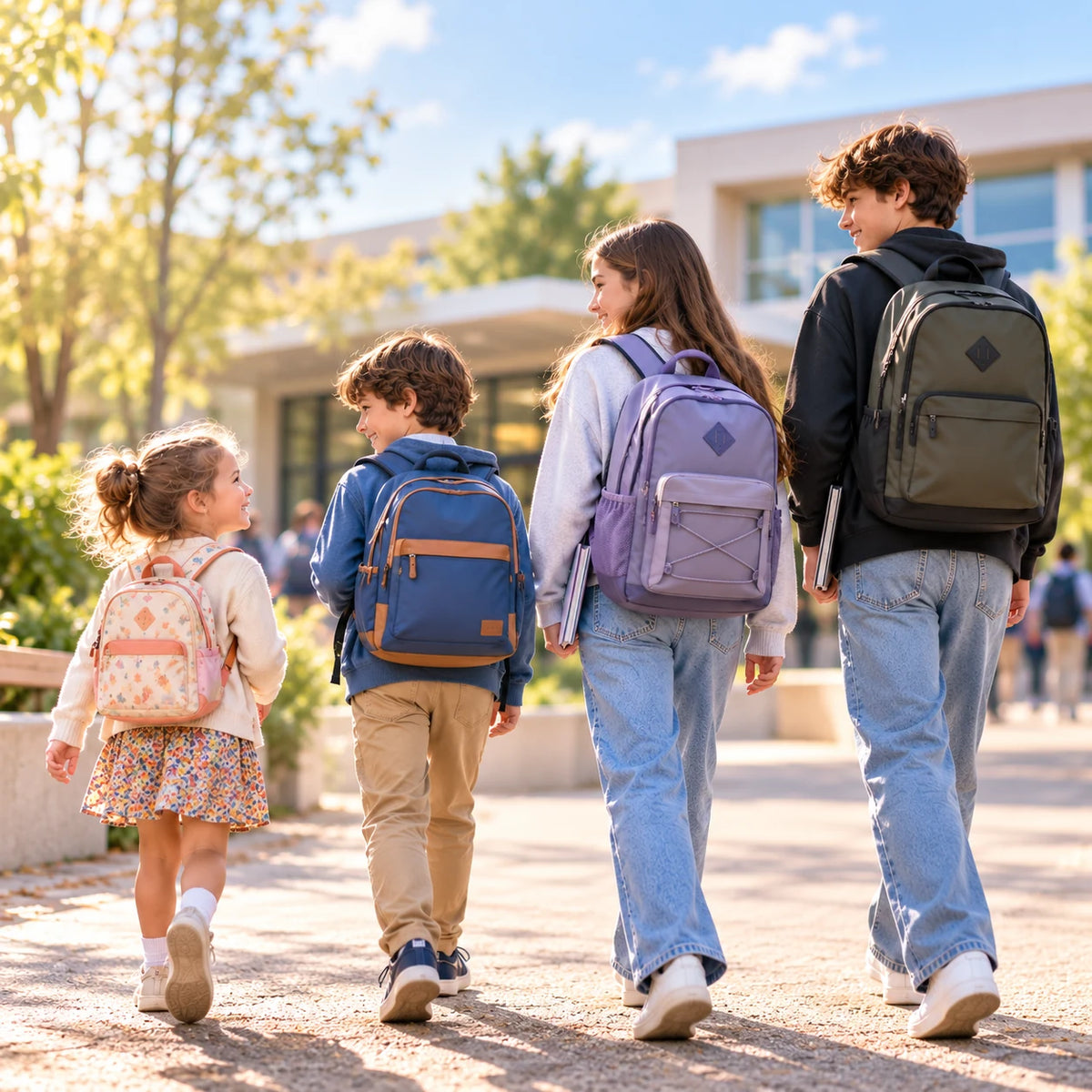Quatre élèves de la maternelle au lycée portant des sacs d’école adaptés à leur âge