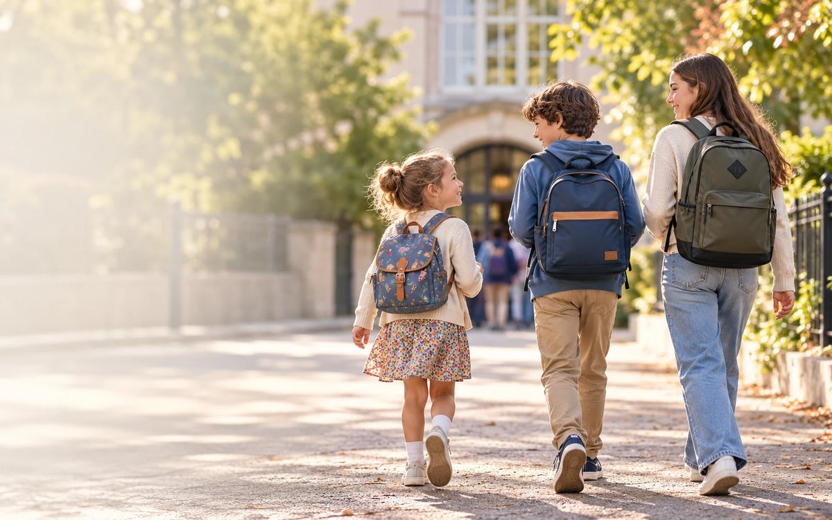 Trois enfants de différents âges portant des sacs d’école adaptés, en route vers l’école