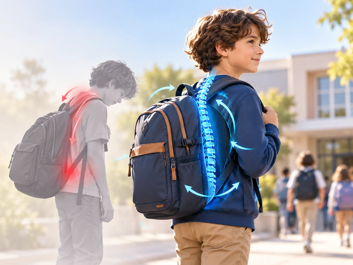 Enfant portant un sac à dos scolaire orthopédique avec illustration de la répartition de la charge sur le dos
